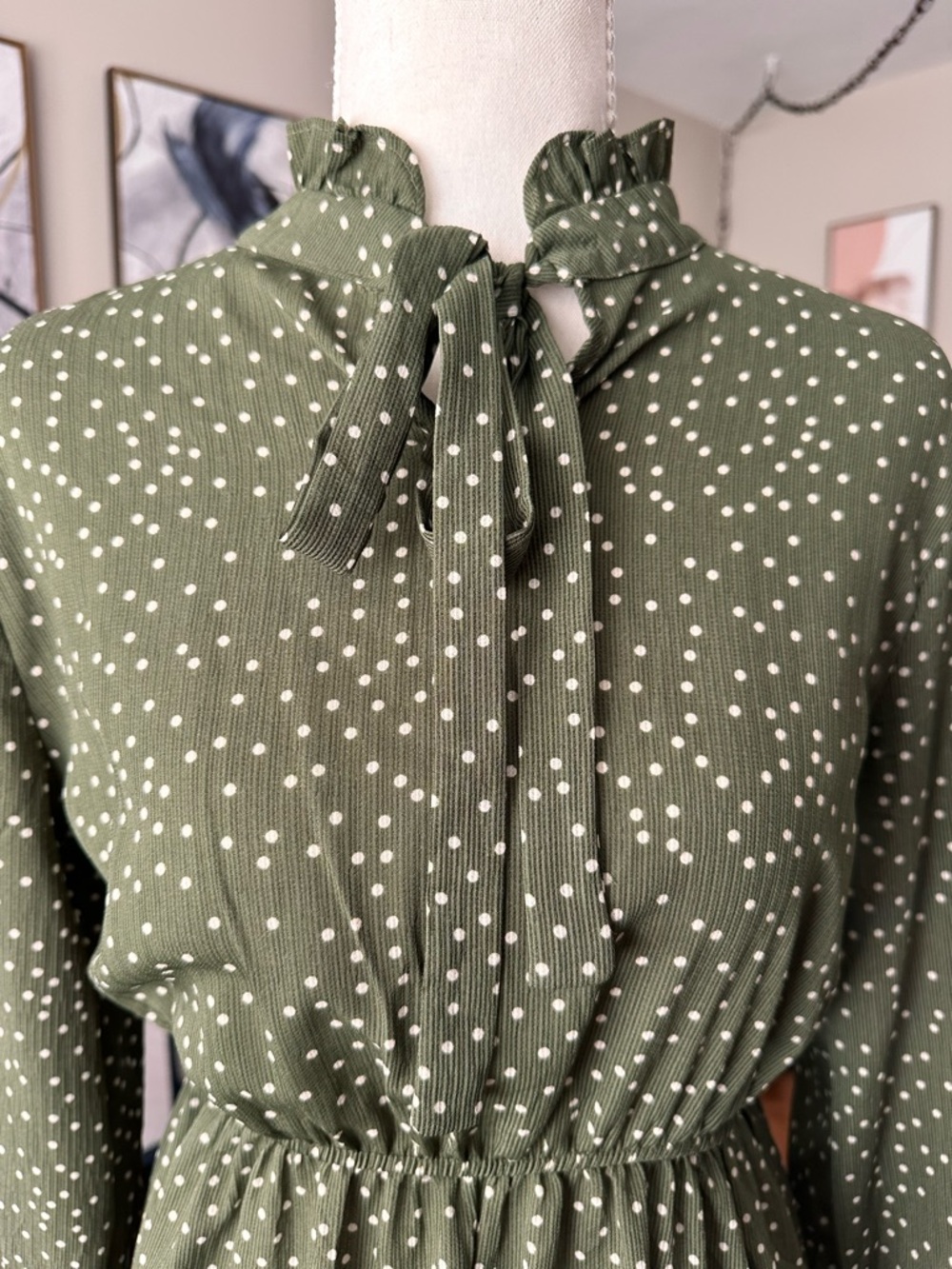 Olive Green Polka Dot Ruffle Tie-Neck Long Sleeve Dress - Picture 3 of 4